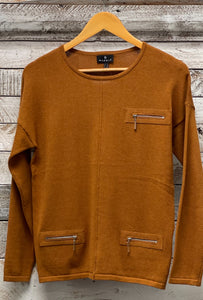 Marble - Tan Zip Detail Round Neck Knit (7572-224)